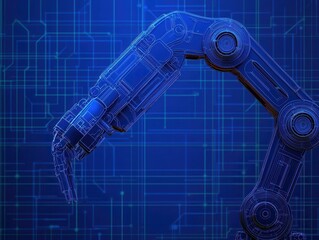 Conceptual blueprint of a robotic manufacturing arm for space, sleek and futuristic, detailed rendering