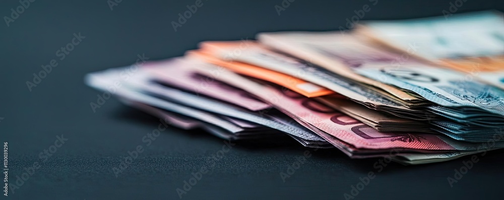Poster currency value concept. close-up view of stacked currency bills in various denominations on a dark b