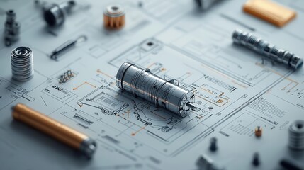 Detailed schematic of a mechanical battery assembly, minimalist engineering design, clean and precise