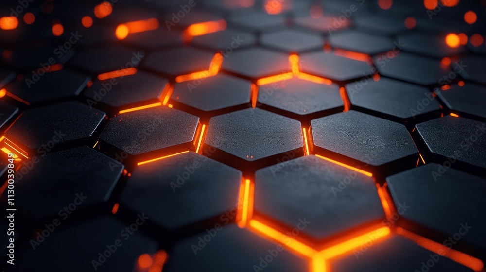 Aufkleber Futuristic Black Hexagon Background with Orange Backlighting and Geometric Pattern