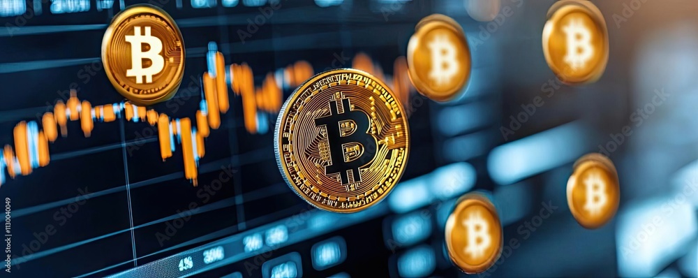 Poster currency value concept. dynamic visual of bitcoin with fluctuating graphs reflecting cryptocurrency 