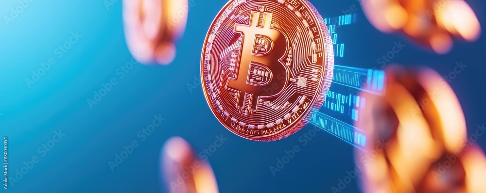 Poster currency value concept. digital representation of bitcoin with vibrant colors and glowing effect.