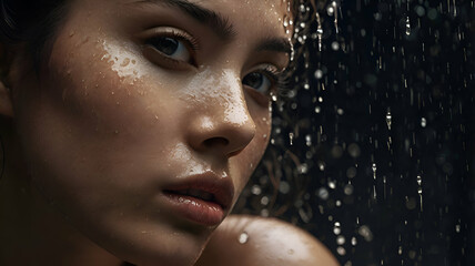 Hyperrealistic black and white close-up of a Korean woman’s face, highlighting her wet skin covered in meticulously detailed water droplets reflecting ambient light