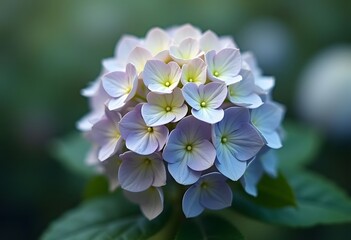 Beautiful blooming  Hydrangea or Hortensia flowers (Hydrangea macrophylla) under the sunlight on blur background in summer. Natural background.

