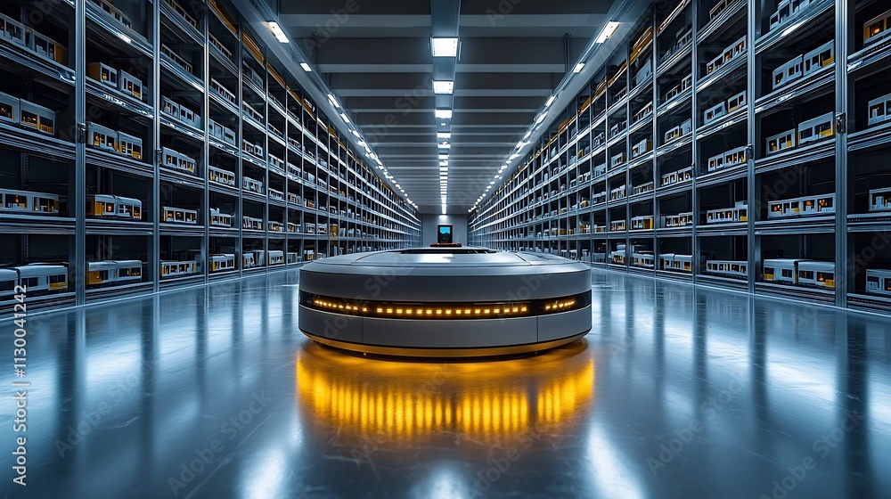 Poster futuristic robot managing automated distribution in a smart warehouse with digital displays