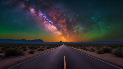 The image depicts a surreal and vibrant scene of a road stretching into the horizon, surrounded by a desert landscape with mesas and plateaus