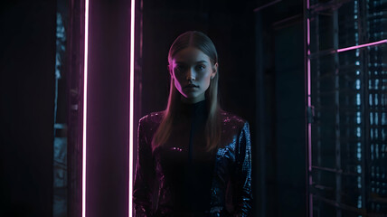 futurista misteriosa rodeada de una aura oscura elegante, con detalles LED morados que brillan intensamente, creando un efecto hipnótico tecnológico