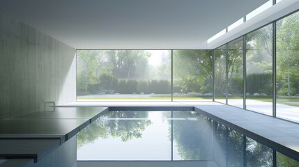 Fototapeta premium Luxurious indoor swimming pool with a minimalist design, featuring large glass walls for abundant natural light