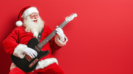 Santa's Rockin' Christmas:  A jolly Santa Claus strums an electric guitar with a mischievous grin against a vibrant red backdrop, ready to rock the holiday season. 