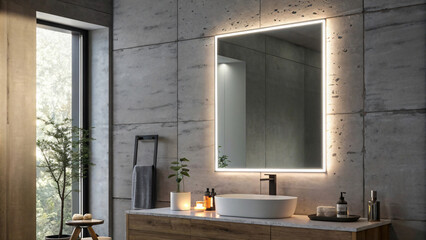 Modern bathroom with sleek mirror, concrete walls, and natural elements