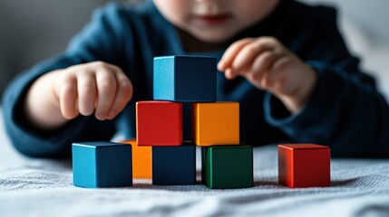 Fototapeta premium Child playing with colorful blocks at home indoor activity playtime