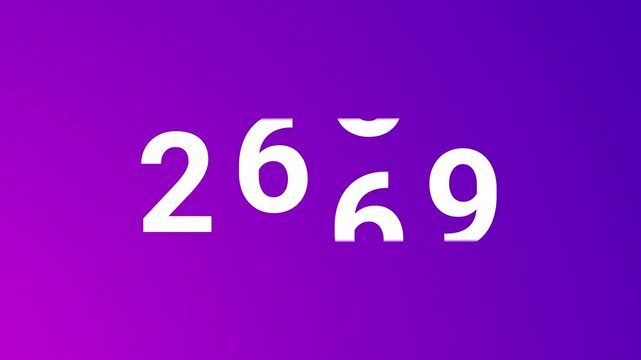 Happy New Year 2025 motion graphics featuring a purple gradient background. Numbers slide up and down smoothly, with 2025 prominently displayed in white. Celebrating the New Year
