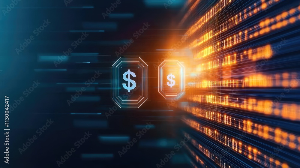 Poster currency value concept. abstract digital financial technology with glowing dollar signs and binary d