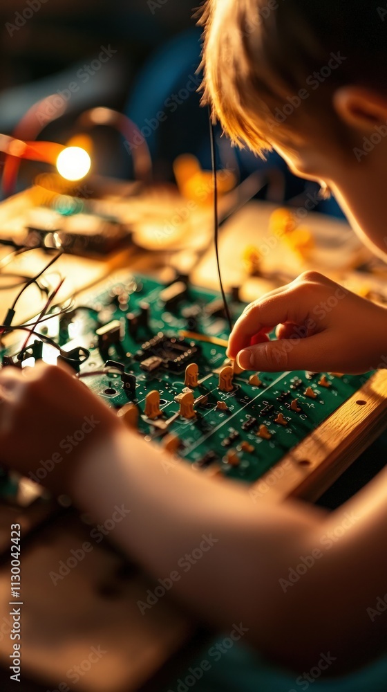 Aufkleber a child works on a circuit board, exploring electronics and hands-on learning in a creative environm