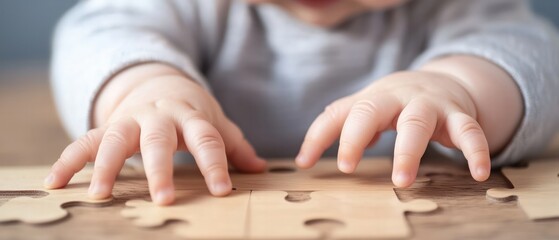 A baby’s hands reaching for wooden puzzle pieces, showcasing early learning and exploration in a playful environment.