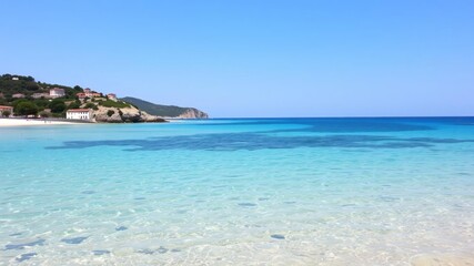 Fototapeta premium Sandy beach and crystal clear waters at Cavoli Beach, Elba Island, Tuscany, Italy, Tuscany, sandy beach