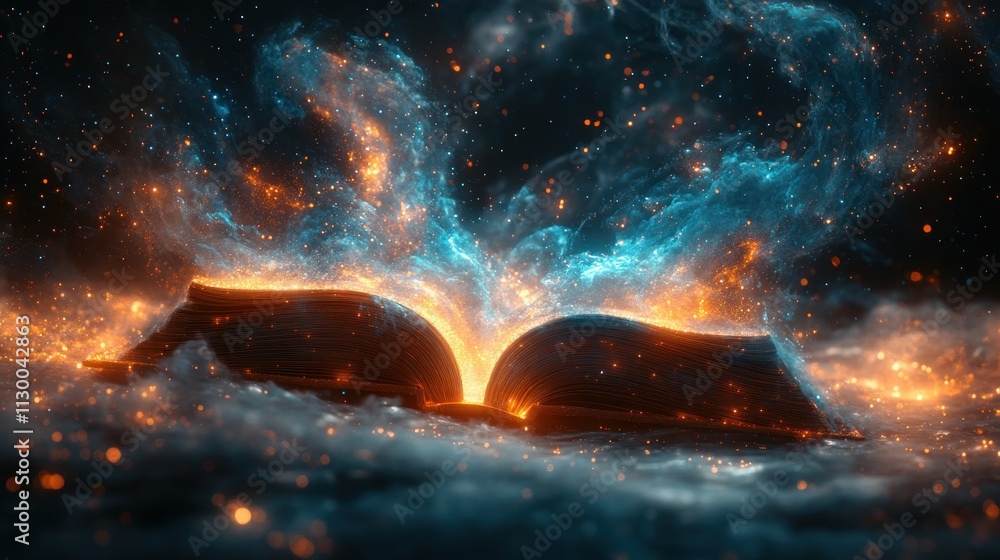 Poster futuristic open book for digital learning in surrealist style with glowing light and cosmic backgrou
