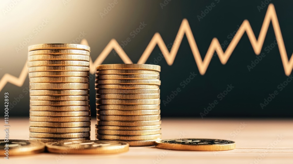 Poster currency value concept. close-up of stacked coins with a rising graph background, symbolizing financ