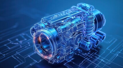 Conceptual car engine blueprint, sleek and minimalist mechanical layout, precise technical details