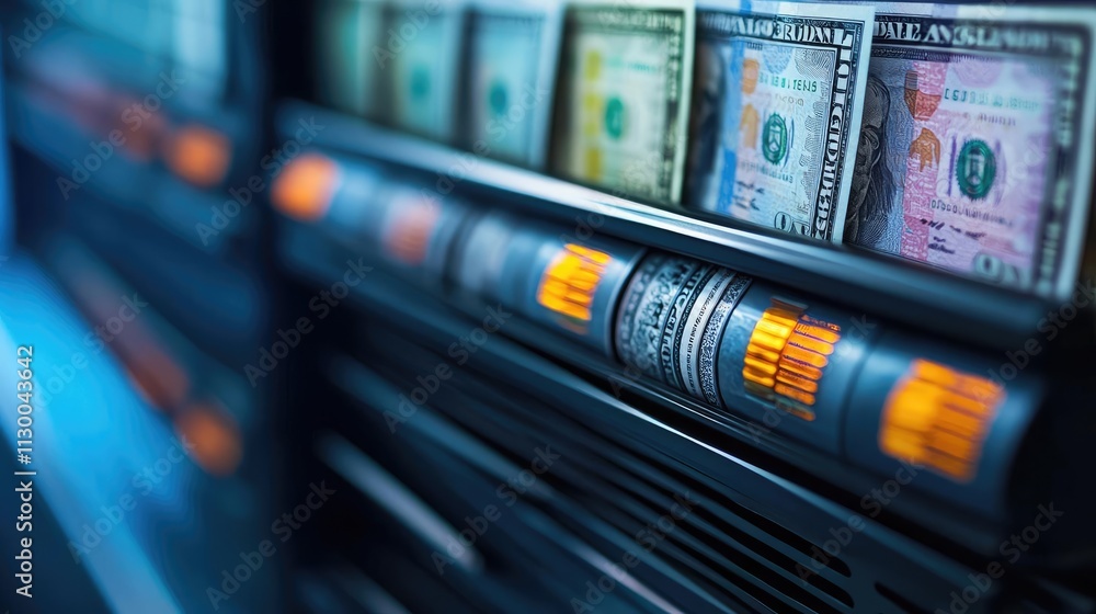 Poster currency value concept. a close-up view of a vending machine showcasing colorful currency and bills.