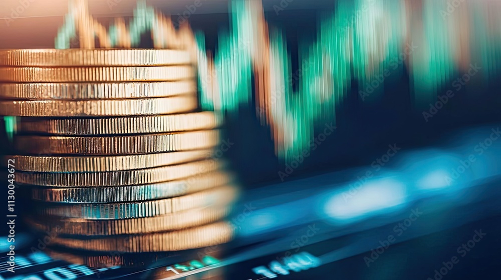 Poster currency value concept. financial growth with coins stacked on a digital platform and a rising graph