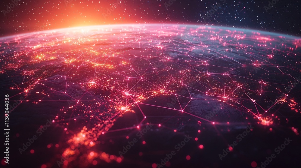 Poster visualized global distribution system with digital nodes and neon interconnected routes for cargo pl