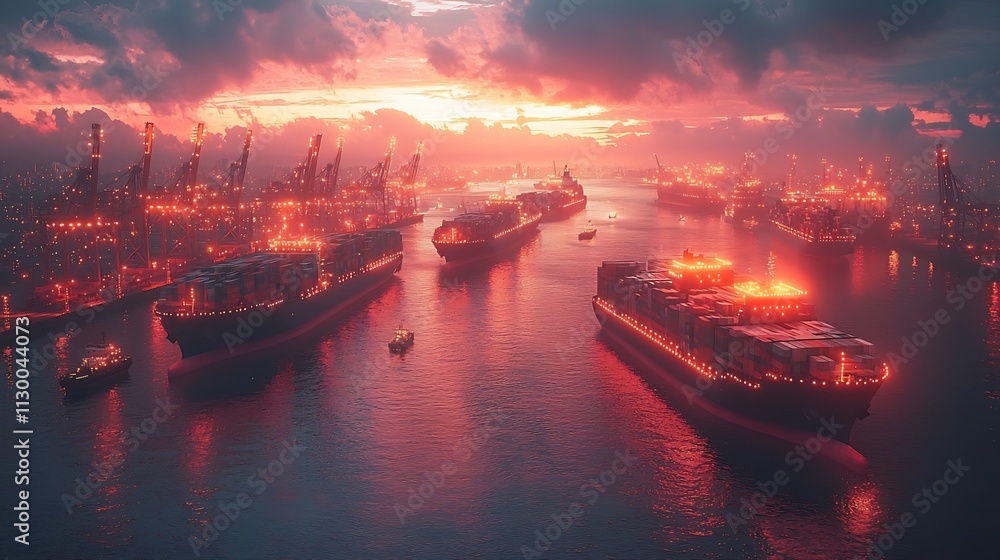 Poster global digital distribution network with cargo planes and ships traversing the routes