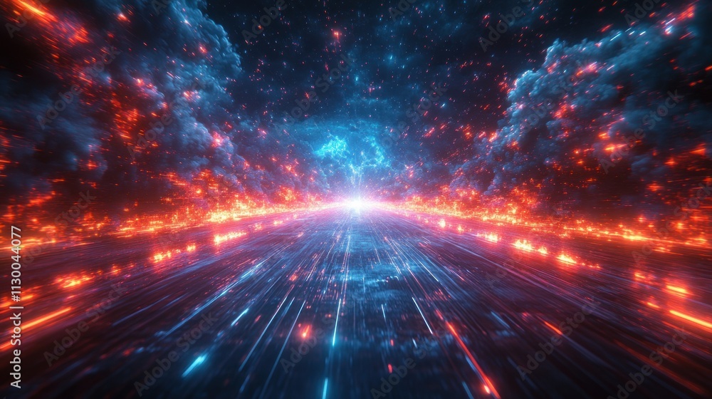Poster Futuristic Neon Light Abstract Background in 3D Technology Night Scene with Cyberpunk Design and Virtual Reality Elements
