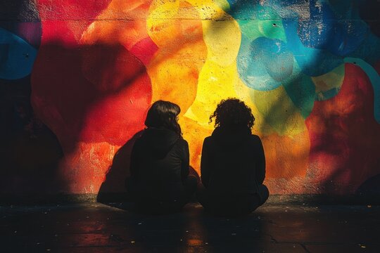 Young interracial gay women in wheelchairs back to back against rainbow mural celebrating pride month