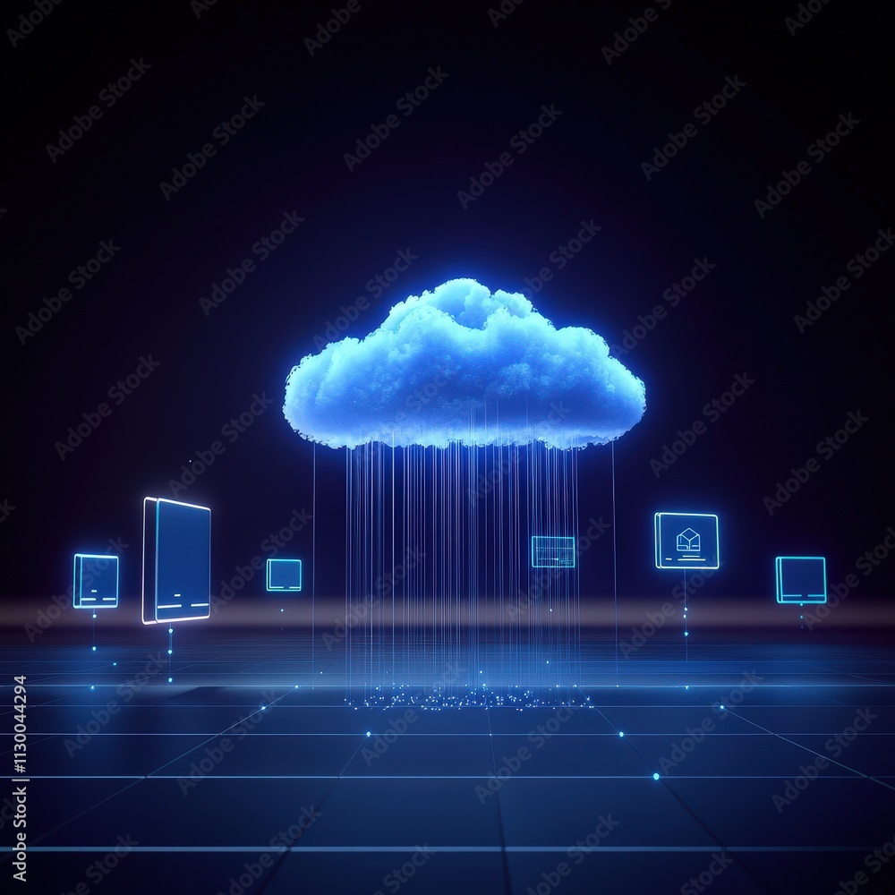 Poster a cloud computing scene with ai beams scanning files from various devices.