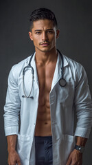 Obraz premium A confident young Hispanic man wearing a white doctor's coat stands with a slight smile, showcasing his fitness
