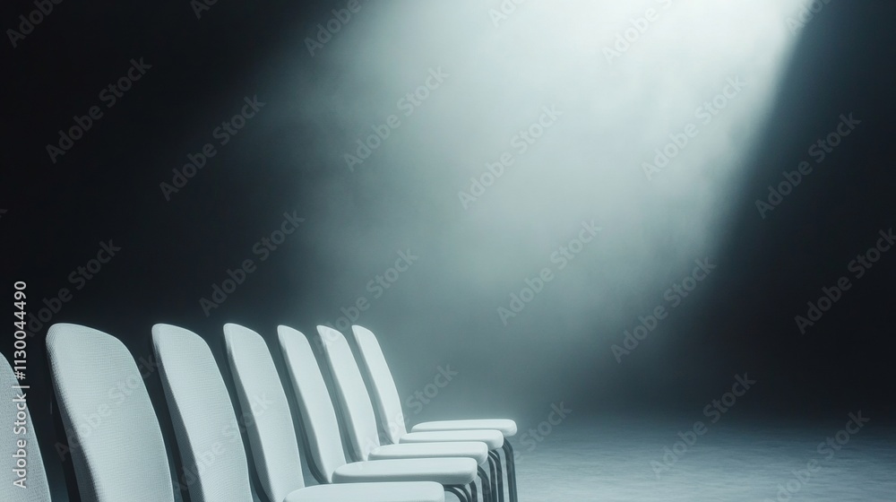 Poster minimalist surreal cinema row of empty chairs in dimly lit room with soft projector beam