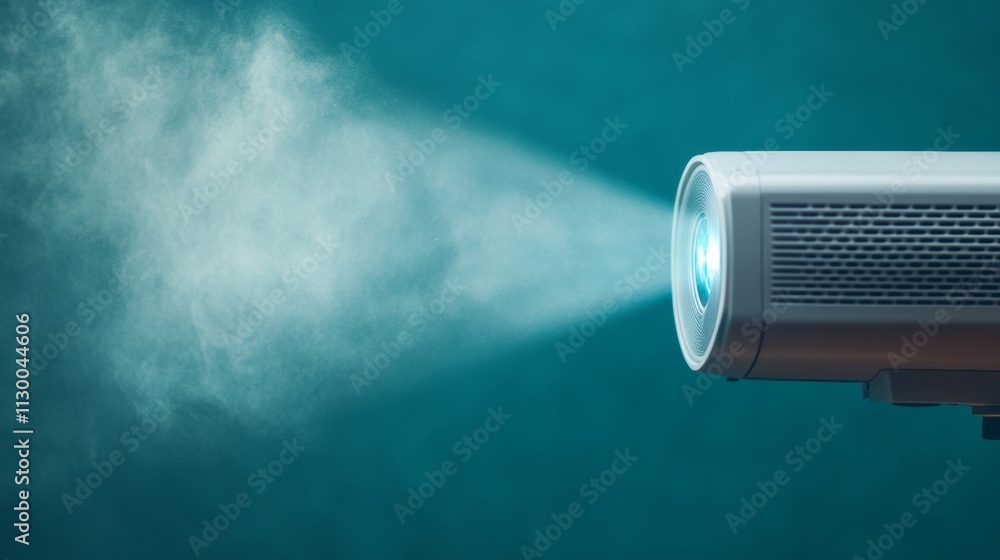 Poster projector casting light with floating dust in dark ambiance