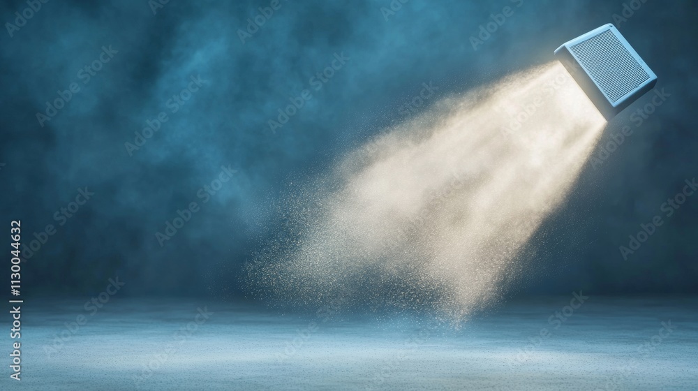 Poster ethereal beam dust illuminated in abstract light against a dark blue backdrop