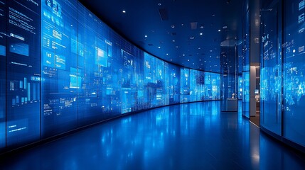 Futuristic data center corridor with glowing digital displays.