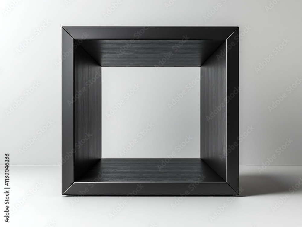Poster sleek black metal cube frame floating in empty white room for product presentation