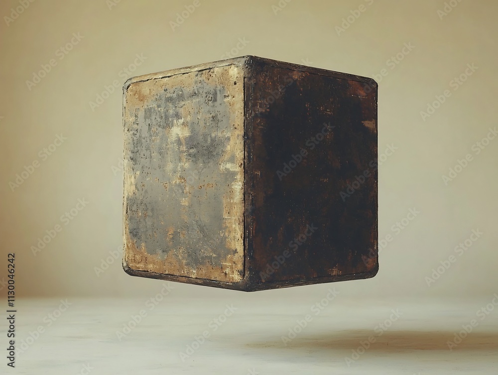 Poster sleek black metal cube frame floating in empty white room for product presentation concept