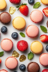 Obraz premium Colorful Macarons, Strawberries, and Blueberries Arranged on a Marble Surface.