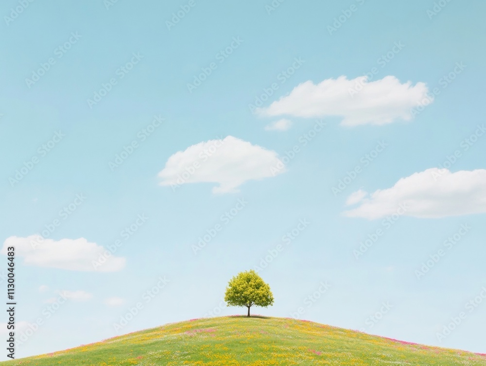 Wall mural serene minimalist landscape with lone tree on rolling hill under soft clouds