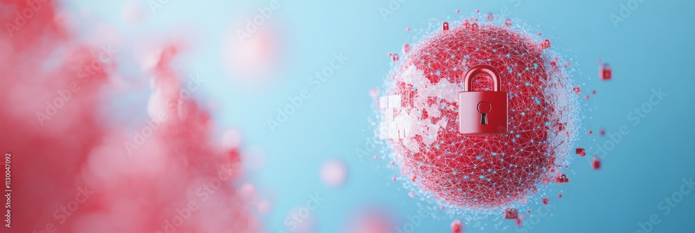 Poster Global Digital Security Geometric Patterns Overlaying Red Lock Sphere for Cyber Protection Concept