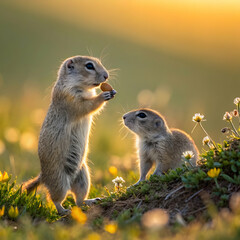 Prairie Dogs at Sunset - A Playful Scene in a Flowering Field