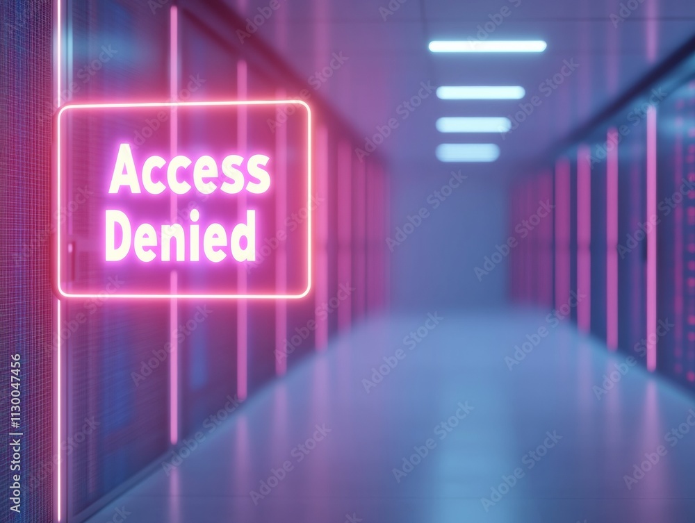 Poster futuristic data center with holographic access denied sign in neon glow