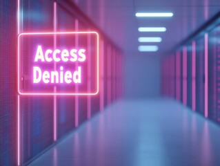 Futuristic Data Center with Holographic Access Denied Sign in Neon Glow