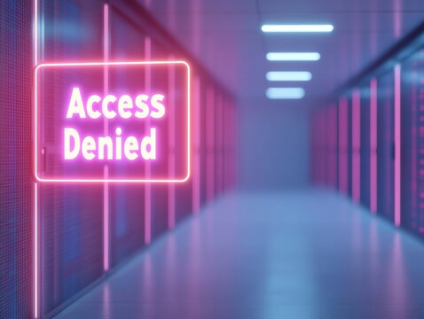 Futuristic Data Center with Holographic Access Denied Sign in Neon Glow