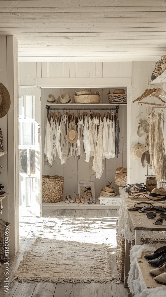 Poster Sunlight streams through an open door, illuminating a minimalist bohemian store. Soft, flowing fabrics hang elegantly, while natural decor creates a warm, inviting atmosphere perfect for exploring