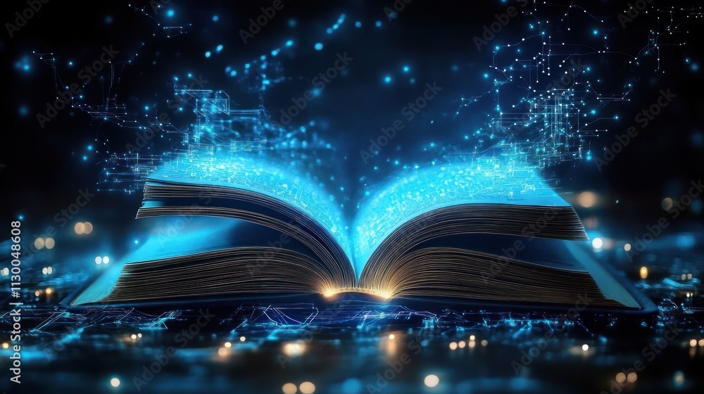 Poster futuristic digital learning book floating in space with glowing light and circuitry