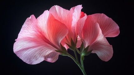 Fototapeta premium Extreme close-up of a sweet pea bloom, focusing on its delicate, ruffled petals against a black backdrop.