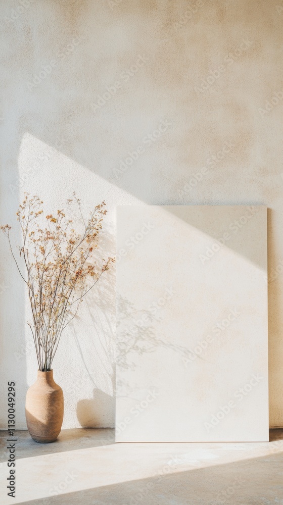 Poster Minimalist Art Display with Soft Lighting and Natural Textures
