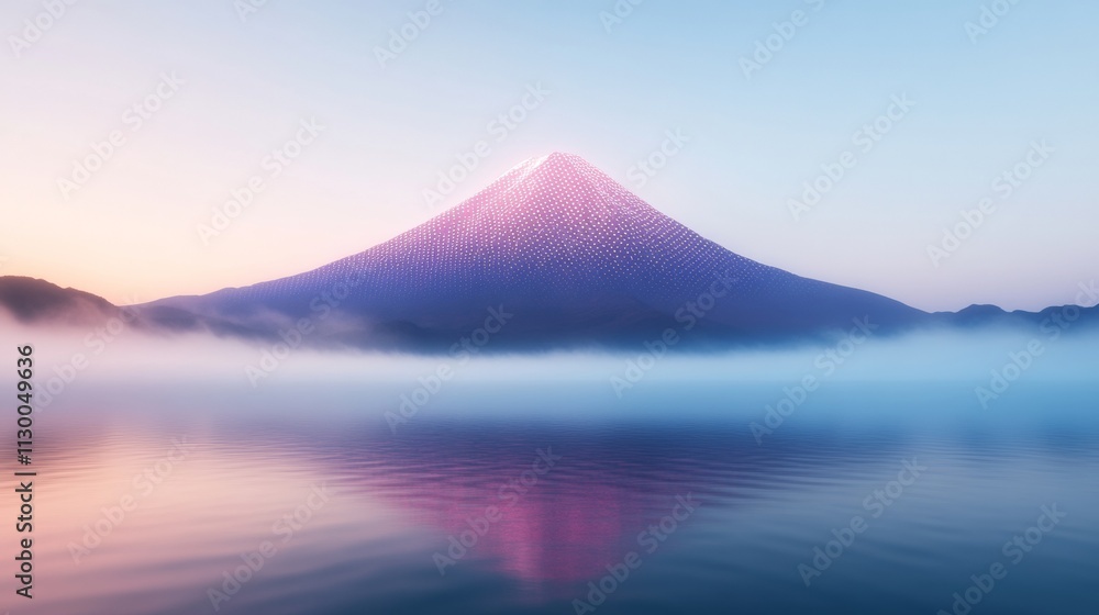 Poster futuristic abstract of mount fuji at dawn with digital patterns and reflective lake