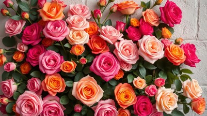 Naklejka premium A beautifully arranged wall background featuring a variety of vibrant roses in full bloom, roses, full bloom, beautiful